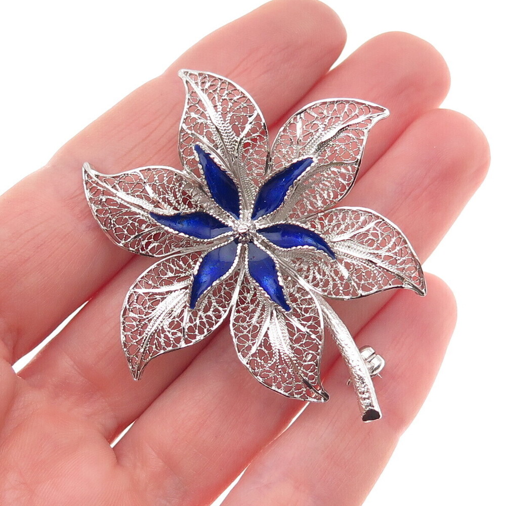 Van Lou 925 Sterling Silver Vintage Enamel Floral Filigree Pin Brooch